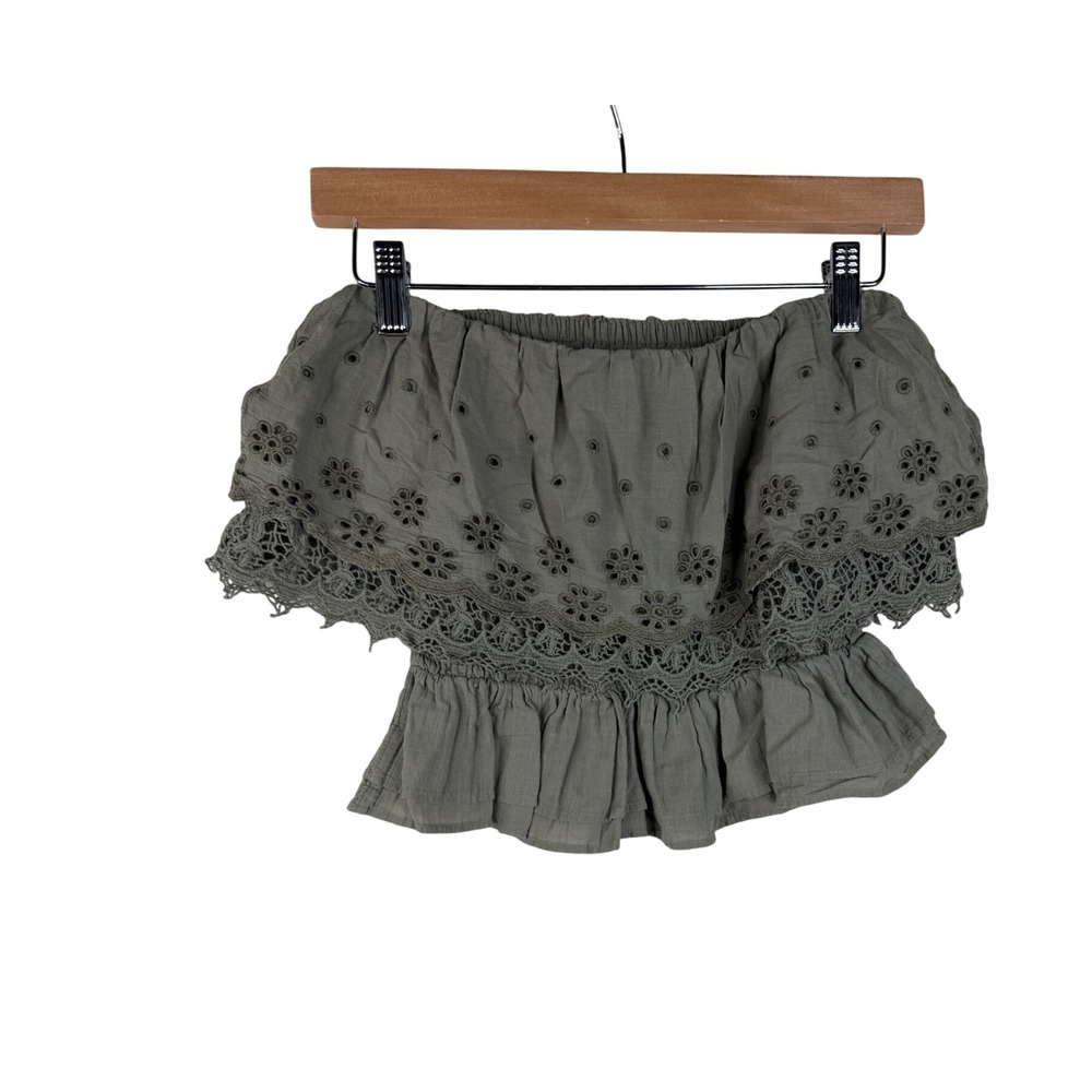 American Eagle Eyelet/Ruffle‎ Detail Off Shoulder Crop Top size Medium Green - Picture 5 of 7